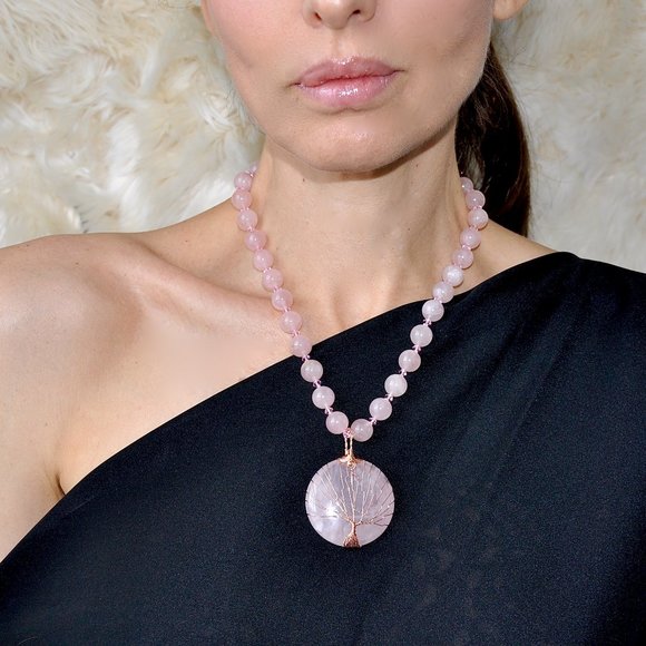 Rose Quartz Tree Of Life Hand Knotted Necklace - Picture 3 of 7